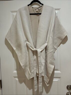 Sasso + Smyth Cream Open Front Belted Shawl Cardigan